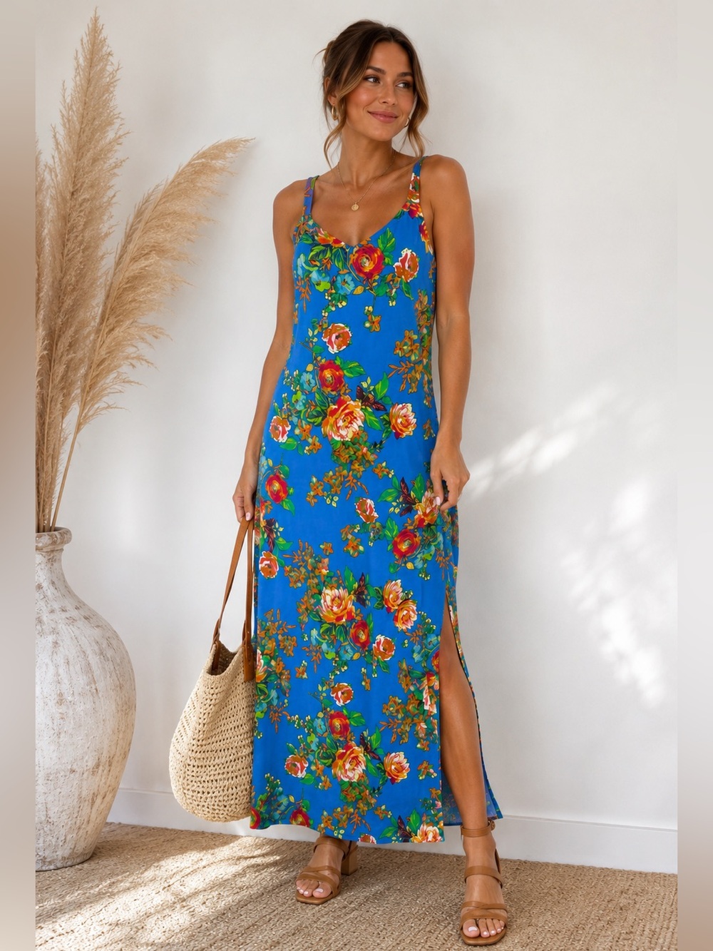 MSK Blue Floral Maxi Dress Small Boho Tropical Slit Summer Dress